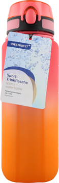Pomarańczowa butelka sportowa Ideeenwelt, z różową zakrętką i czarnymi detalami, widok z przodu, z etykietą produktu.