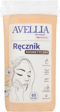 Frontowe ujęcie beżowej paczki Avellia Ręcznik Kosmetyczny, 65 sztuk, z rysunkiem kobiety i napisem.