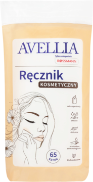 Avellia jednorazowe ręczniki kosmetyczne, beżowe opakowanie 65 sztuk, biodegradowalne. Widok z przodu.