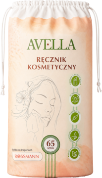 Biała tekstylna torba Avella z 65 ręcznikami kosmetycznymi, rysunkiem kobiety i zielonym logo, widok z przodu.