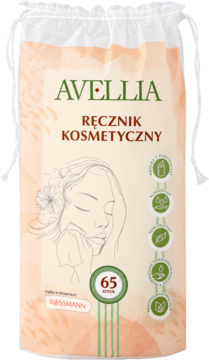 Ręczniki jednorazowe Avellia 65 sztuk, peach w przezroczystym worku z grafiką i logo Rossmann, widok z przodu.