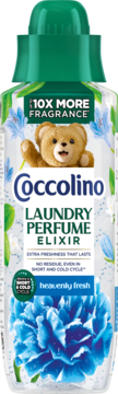 Coccolino Laundry Perfume Elixir Heavenly Fresh, butelka, zielony korek, miś, napis "10x More Fragrance".