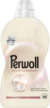 Płyn Perwoll Renew Light Colors do prania jasnych i białych ubrań, w kremowej butelce z białym korkiem, widok z przodu.