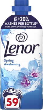 Płyn do płukania Lenor Spring Awakening. Niebiesko-biała butelka, kwiaty, +20% prań, 59 prań. Widok z przodu.