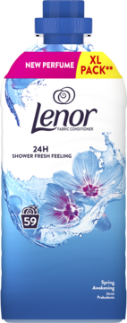 Lenor Spring Awakening płyn do płukania tkanin, niebieska butelka "XL Pack", "24H Shower Fresh Feeling", widok z przodu.
