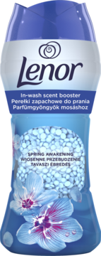 Lenor Spring Awakening, perełki zapachowe do prania w niebiesko-fioletowej butelce z kwiatami, widok z przodu.
