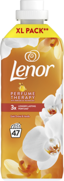 Lenor Gold Orchid & Vanilla płyn do płukania, XL PACK, 47 prań. Złota butelka z białymi orchideami, widok z przodu.