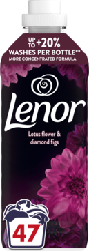 Lenor płyn do płukania tkanin Lotus flower & diamond figs, ciemna butelka, różowe kwiaty, z przodu 47 prań.