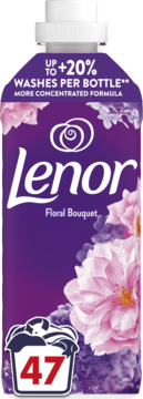Fioletowa butelka płynu Lenor Floral Bouquet, widok z przodu, z różowymi kwiatami, białą nakrętką i liczbą 47 prań.