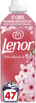 Lenor Cherry Blossom & Sage płyn do płukania, różowa butelka, widok z przodu, z kwiatami wiśni, 47 prań.