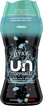 Lenor Unstoppables Fresh, czarna butelka, perełki zapachowe do prania, turkusowe detale i motyw wody, widok z przodu.