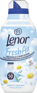 Hipoalergiczny Lenor Fresh Air Sensitive, biała butelka (50 prań), z niebem i stokrotkami, widok z przodu.