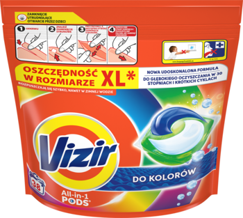 Pomarańczowa saszetka Vizir All-in-1 PODS XL do prania kolorowych ubrań, z widoczną kapsułką. Widok z przodu.