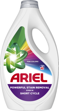 Ariel Color Clean & Fresh płyn do prania, biała butelka z uchwytem, napis "POWERFUL STAIN REMOVAL", widok z przodu.