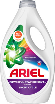 Ariel Color Clean & Fresh żel do prania w białej butelce z kolorowym wzorem, mocne usuwanie plam, widok z przodu.