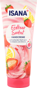 Isana Erdbeer Sorbet Handcreme, biało-różowa tubka z truskawkami i cytryną, odświeżający zapach. Widok z przodu.