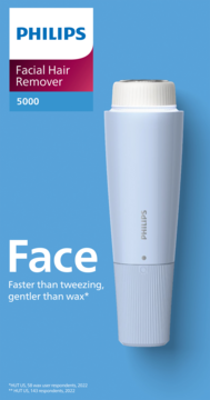 Philips Facial Hair Remover 5000, light blue, cylindrical, compact, on blue background. Faster than tweezing.
