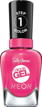 Sally Hansen Miracle Gel Neon, fuksjowy lakier do paznokci 'Step 1 Color', butelka z czarną nakrętką, widok z przodu.