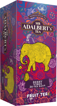 Sir Adalbert's Berry Vibes Fruit Tea, 20 saszetek. Fioletowe pudełko ze złotym słoniem i barwnymi wzorami, pod kątem.