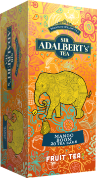 Sir Adalbert's Mango Boom Fruit Tea, 20 saszetek, mango-banan. Kolorowe pudełko z żółtym słoniem, widok pod kątem.