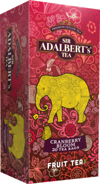 Sir Adalbert's Tea Cranberry Bloom owocowa herbata, 20 torebek, czerwone opakowanie z żółtym słoniem, widok 3/4.