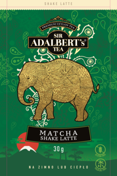 Sir Adalbert's Matcha Shake Latte 30g, zielone opakowanie ze złotym słoniem, widok na wprost.