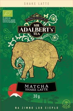 Sir Adalbert's Tea Matcha Shake Latte, zielone opakowanie z dużym, złotym słoniem, 30g, na zimno lub ciepło.