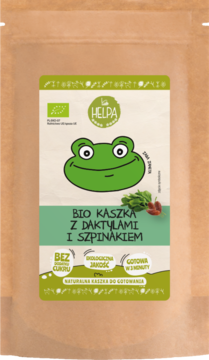 Bio Kaszka Helpa z daktylami i szpinakiem, brązowa torebka, zielono-biała etykieta z żabką, widok z przodu.