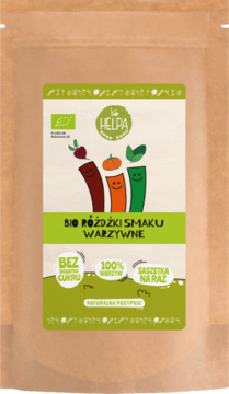 Helpa Bio Warzywne Różdżki Smaku w brązowej saszetce, z zielono-białą etykietą, ilustracjami buraka, dyni i szpinaku.