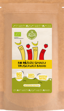 Helpa Bio Różdżki Smaku Truskawka Banan. Brązowa torebka, etykieta z bananami i truskawkami, 100% owoców, bez cukru.