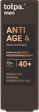 Opakowanie kremu Tołpa Men Anti Age & Skin Barrier 40+ w kolorze ciemnobrązowym z miedzianymi napisami, widok z przodu.