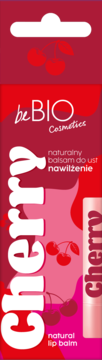 Czerwono-różowe opakowanie beBIO Cherry Natural Lip Balm, z wiśniami i widocznym sztyftem, front opakowania.