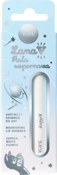 Yope Lana V Holo Supernova, biały odżywczy lip shimmer, w niebieskim pudełku z kosmicznym motywem, widok z przodu.