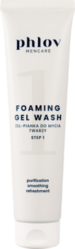 Biała tubka Phlov Mencare Foaming Gel Wash, widok z przodu, z niebieskim napisem i hasłami purification.