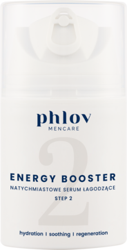 Białe serum łagodzące po goleniu Phlov MenCare Energy Booster, butelka z niebieskim logo, widok z przodu.