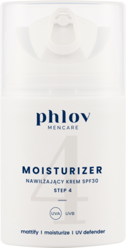 Biały krem nawilżający Phlov MENCARE SPF30, dla mężczyzn, matujący i chroniący przed UV, widok z przodu.