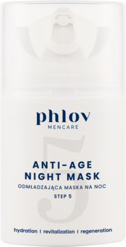 Phlov MenCare Anti-Age Night Mask w białej butelce z niebieskim tekstem, widok z przodu, odmładza i nawilża.