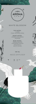 Aroma Home 'White Blossom' 100ml reed diffuser, elegant grey packaging with crane motifs and scent notes.