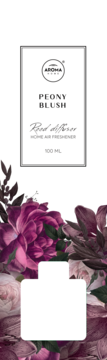Aroma Home Peony Blush reed diffuser 100ml, white label with text, on a rich magenta floral background with bottle placeholder.