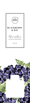Etykieta Aroma Home Blackberry & Bay Reed Diffuser, 100 ml, z czarnym tekstem na białym tle, otoczona jeżynami.