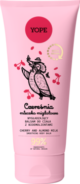 Różowy balsam do ciała Yope Czereśnia Mleczka Migdałowe, wygładzający, z ilustracją ptaka, widok z przodu.
