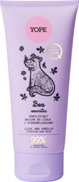 YOPE Lilac and Vanilla hydrating body balm, lavender tube with cartoon animal & 'Quick Absorb' logo, 99% natural.