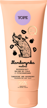 YOPE balsam do ciała Mandarynka i Malina, brzoskwiniowa tubka z rysunkiem szopa, regenerujący, widok z przodu.