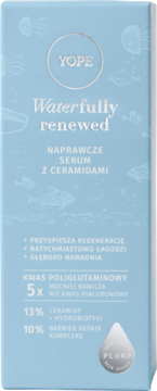 Niebieskie opakowanie serum Yope Waterfully Renewed, naprawcze z ceramidami i kwasem poliglutaminowym, widok z przodu.
