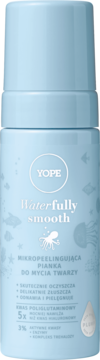 YOPE Waterfully Smooth pianka peelingująca do twarzy z kwasem poliglutaminowym, niebieska butelka, front.
