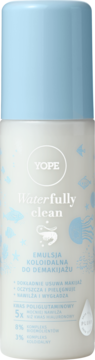Biała butelka Yope Waterfully clean koloidalna emulsja do demakijażu, błękitna nakrętka, morskie wzory, widok z przodu.