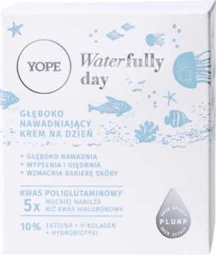 Yope Waterfully day krem nawadniający z kwasem poliglutaminowym w białym pudełku, efekt plump.