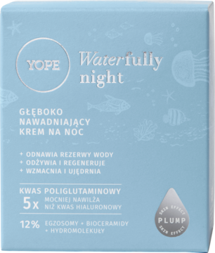 Yope Waterfully night głęboko nawadniający krem na noc z kwasem poliglutaminowym w jasnoniebieskim pudełku.