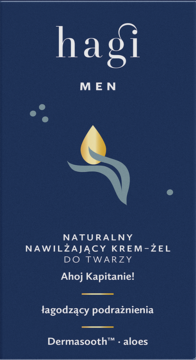 Nawilżający krem-żel do twarzy Hagi Men Ahoj Kapitanie w granatowym opakowaniu, z logo i złotą kroplą, przód.