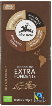 Alce Nero czekolada gorzka 75% kakao, organiczna, Fairtrade, brązowe opakowanie, widok z przodu.